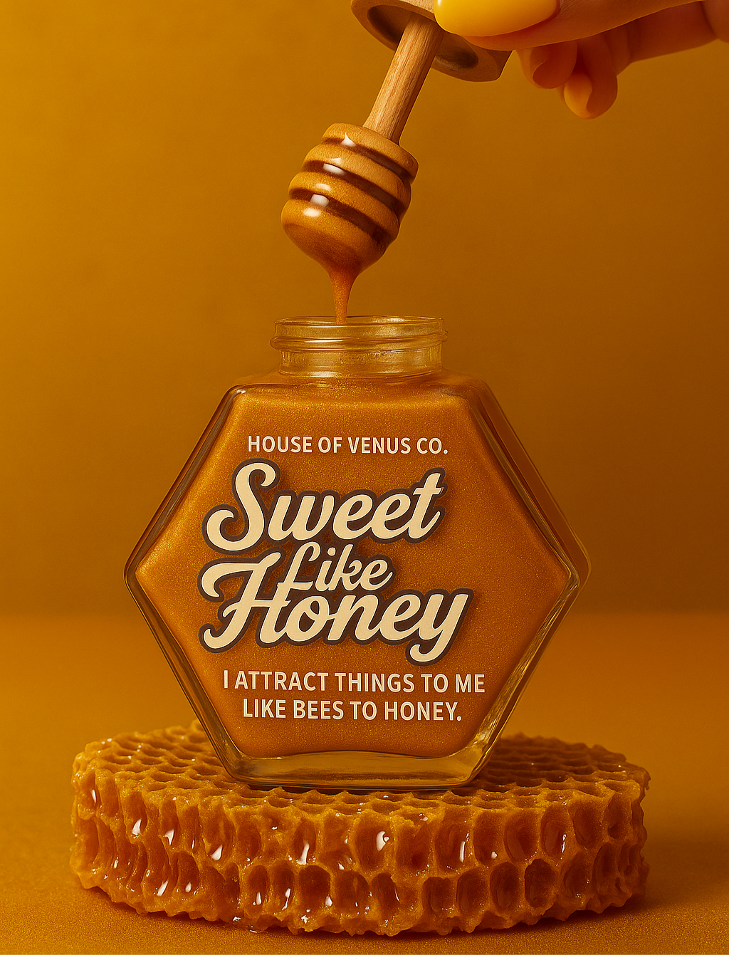 Honey jar with 'Sweet Like Honey' text and a honey dipper on an orange background