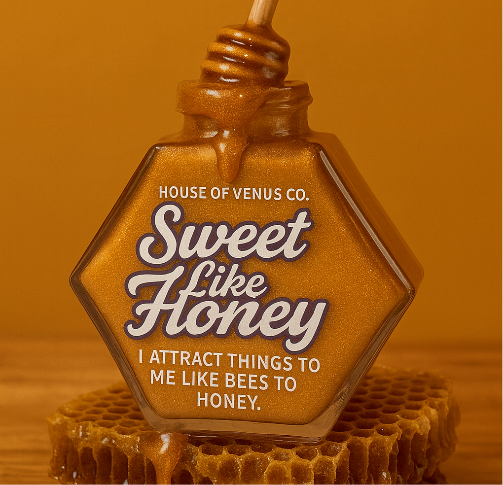 Honey jar with a dipper on a honeycomb against an orange background, featuring 'House of Venus Co.' text.